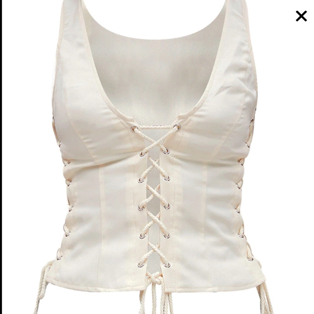 Cream Woven Lace Up Detail Plunge Sleeveless Top